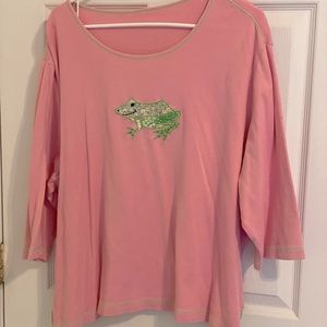 Quacker Factory 2X sequined frog pink tee shirt 3/4 sleeves
